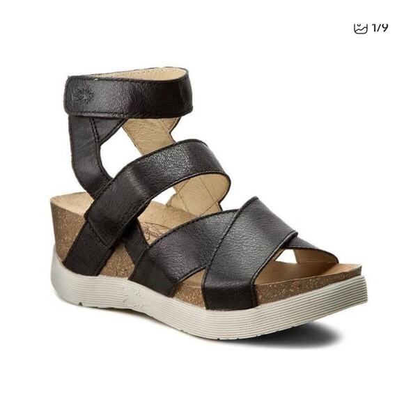 Fly London Black Leather Fly Wedge Strappy Ankle Platform Sandals White Sole 38 - Picture 1 of 9